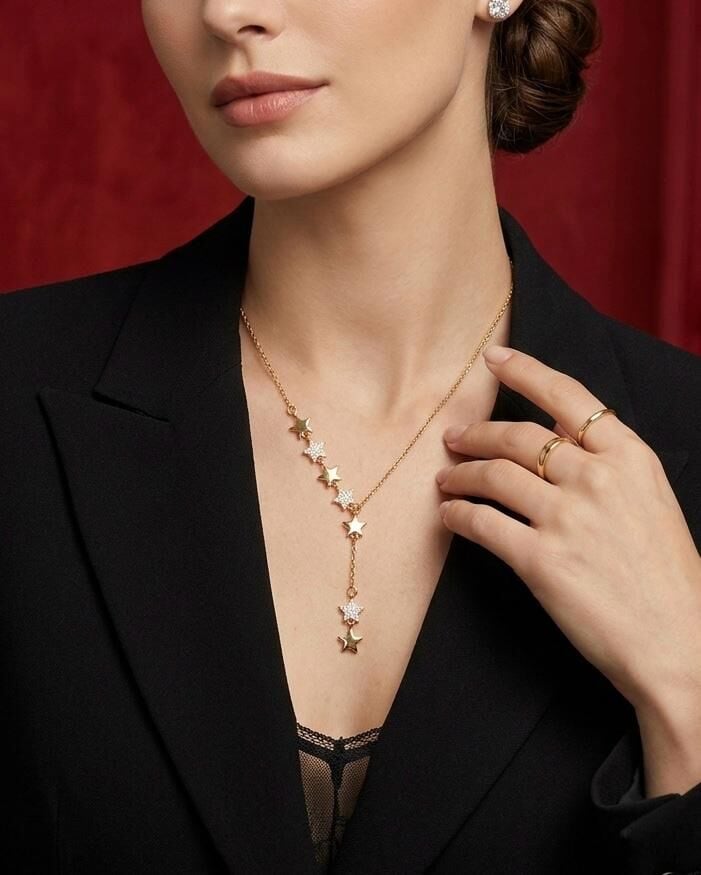 Melisa Takı & Aksesuar 316L Çelik Gold Renk Yıldız Element Zirkon Taşlı Y Kolye