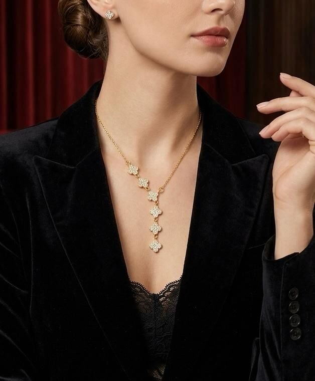 Melisa Takı & Aksesuar 316L Çelik Gold Renk Yonca Element Zirkon Taşlı Y Kolye