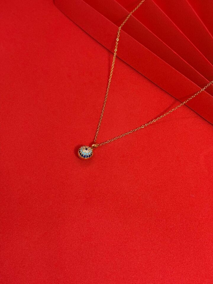 Melisa Takı & Aksesuar 316L Çelik Gold Renk Yuvarlak Nazar Figür Taşlı Kolye