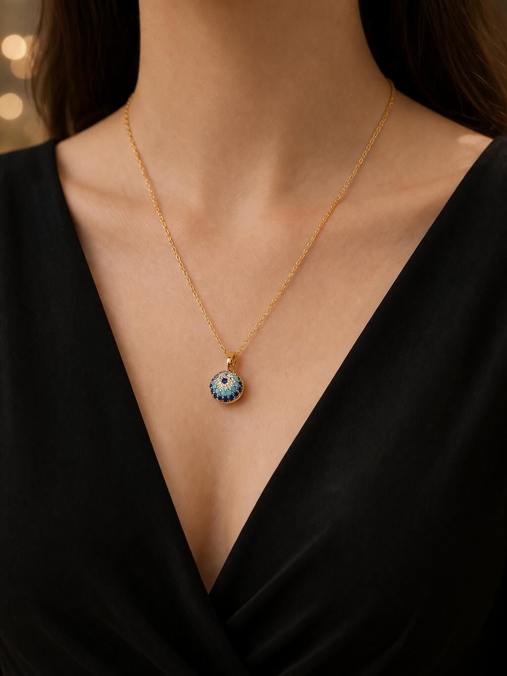 Melisa Takı & Aksesuar 316L Çelik Gold Renk Yuvarlak Nazar Figür Taşlı Kolye