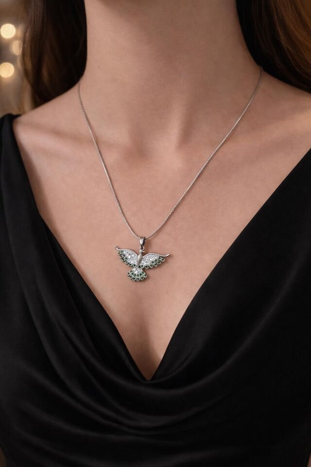 Melisa Takı & Aksesuar 316L Çelik Gümüş Renk Anka Kuşu Zirkon Taşlı Kolye