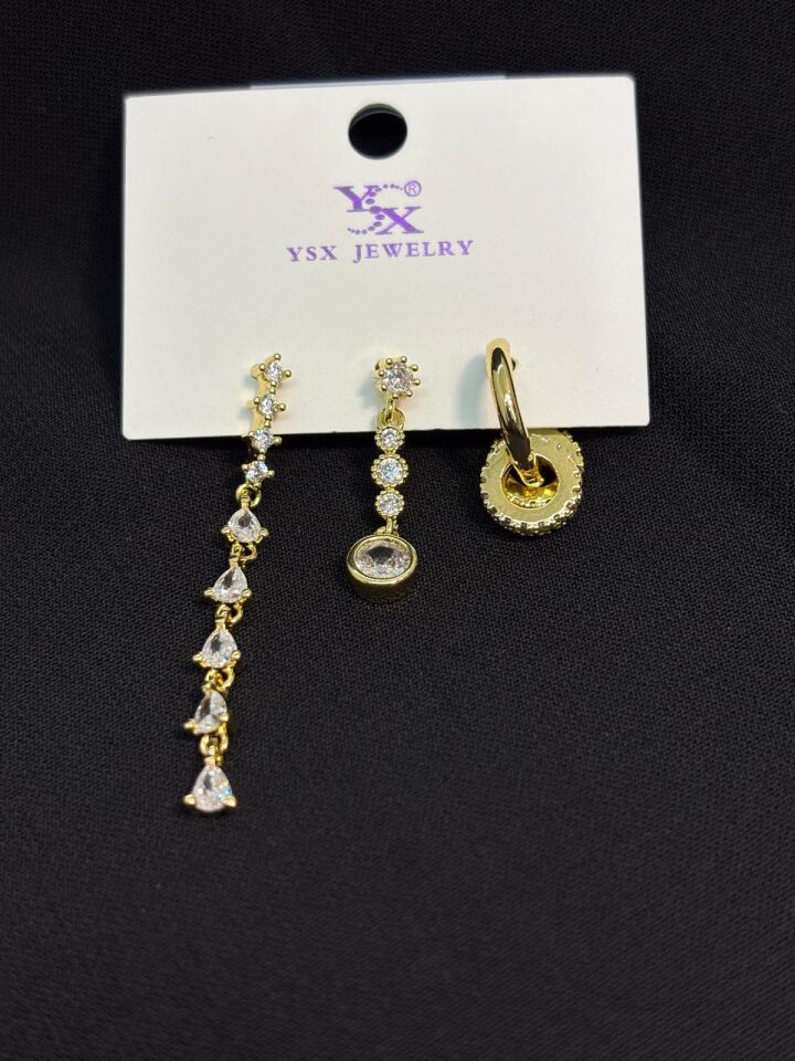 Melisa Takı & Aksesuar Ysx Jevelry Çelik Gold Renk Taşlı 3lü Küpe