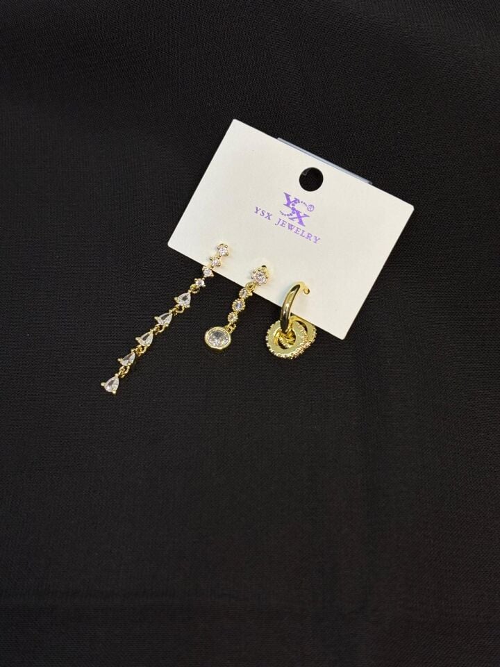 Melisa Takı & Aksesuar Ysx Jevelry Çelik Gold Renk Taşlı 3lü Küpe