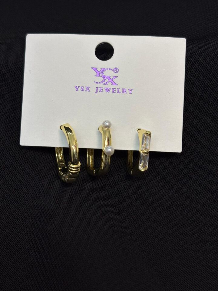 Melisa Takı & Aksesuar Ysx Jevelry Çelik Gold Renk Taşlı 3lü Küpe