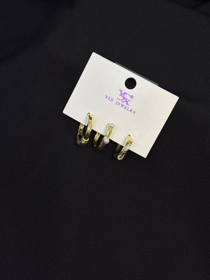 Melisa Takı & Aksesuar Ysx Jevelry Çelik Gold Renk Taşlı 3lü Küpe