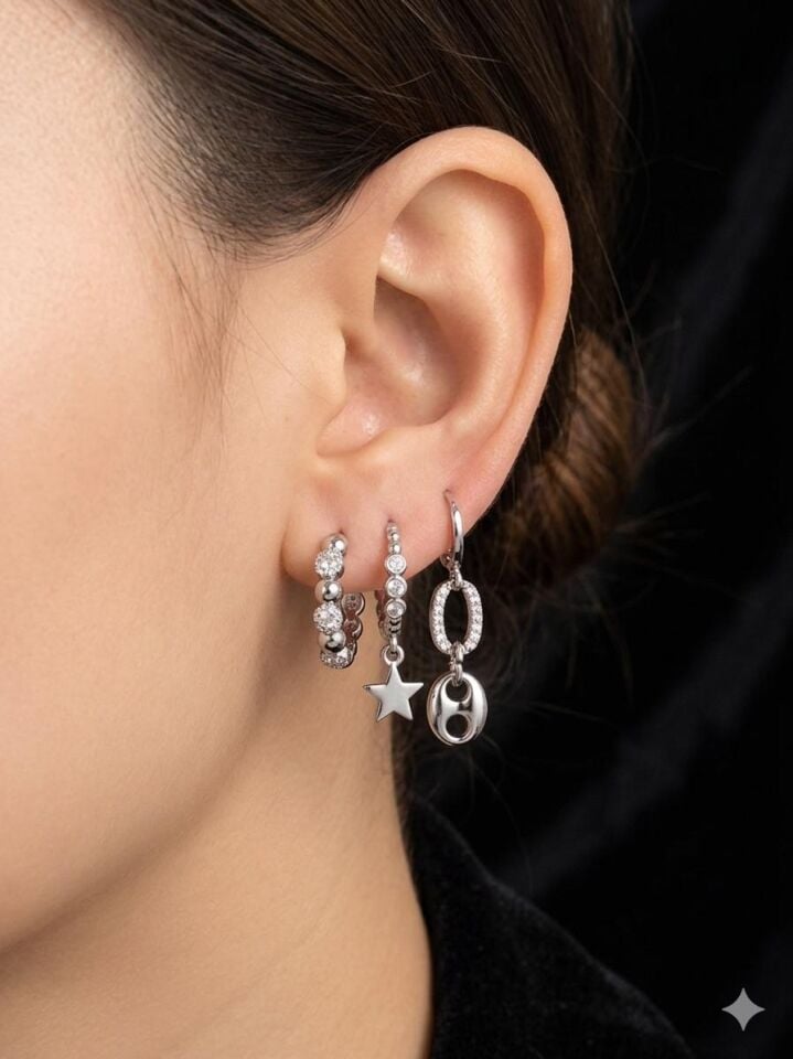 Melisa Takı & Aksesuar Ysx Jevelry Çelik Gümüş Renk 3lü Küpe