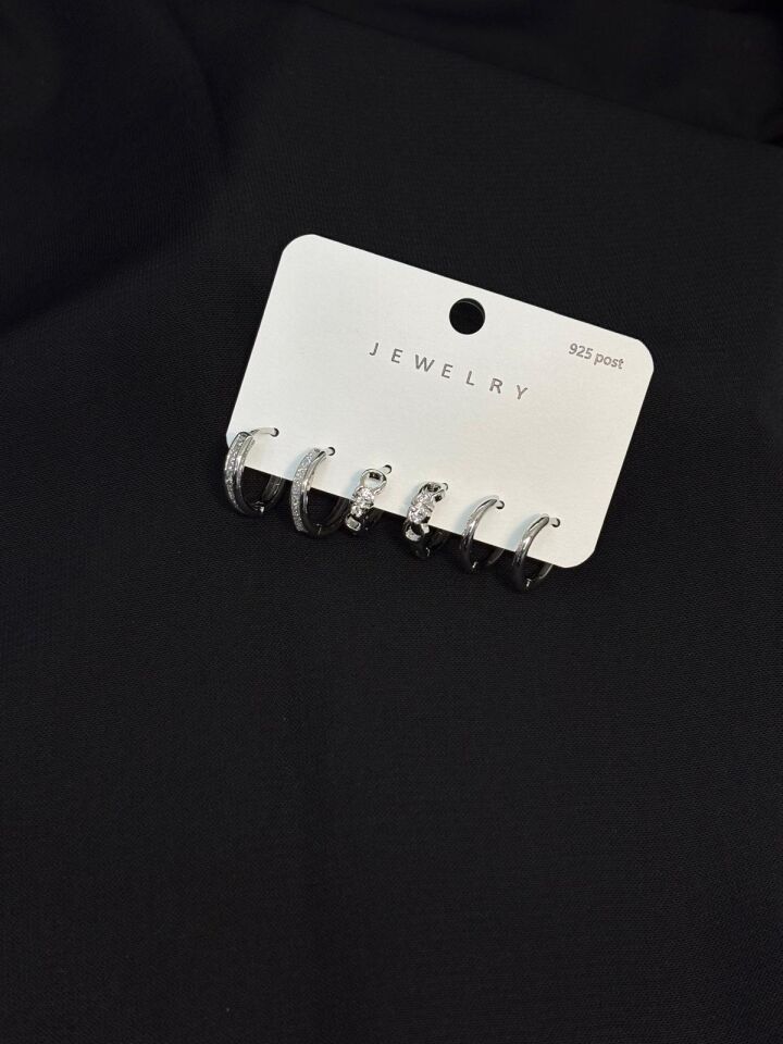 Melisa Takı & Aksesuar 316L Çelik Jewelry Gümüş Renk 6lı Set Zirkon Taşlı Küpe