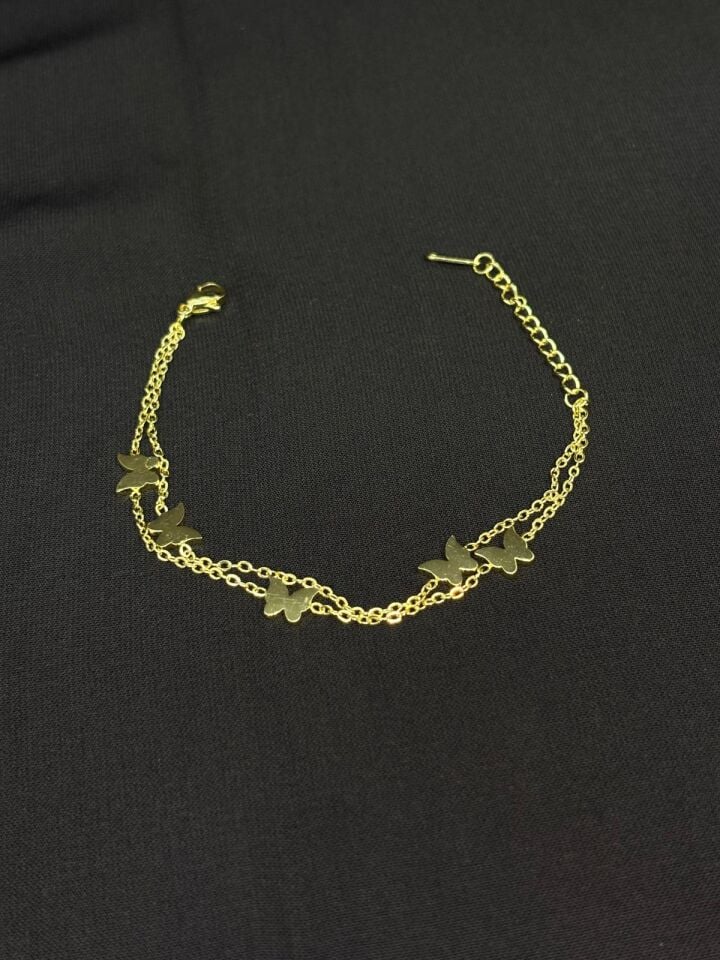 316L Çelik Gümüş Renk Çift Zincir Kelebek Bileklik