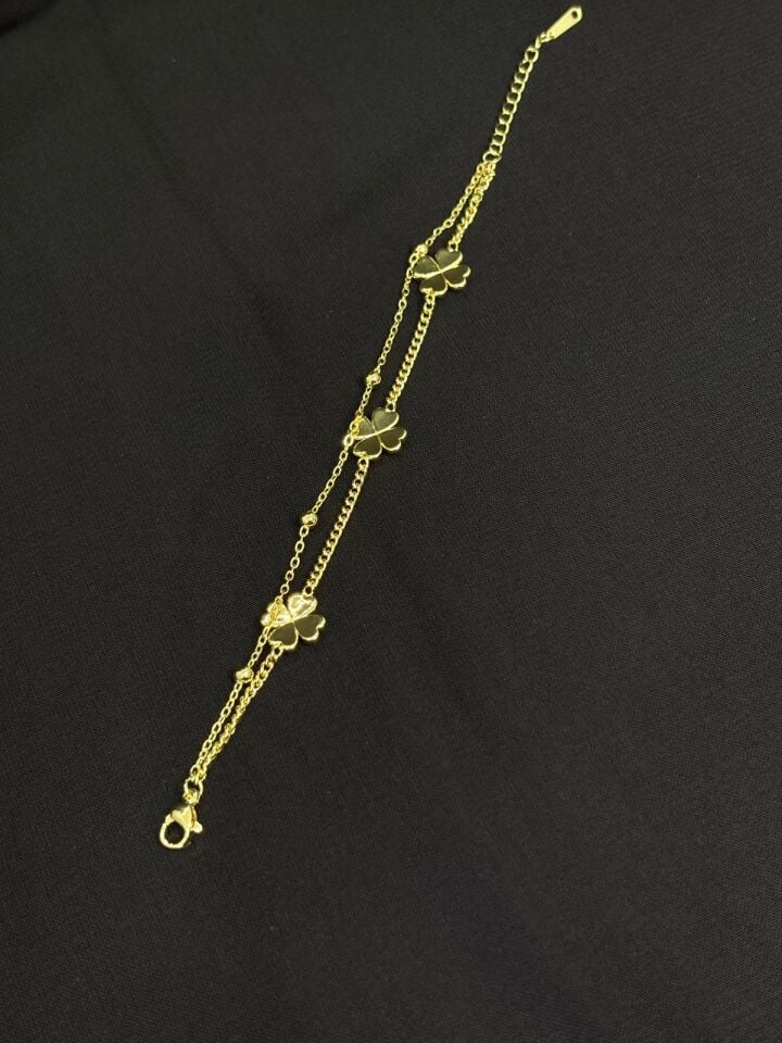 316L Çelik Gümüş Renk Çift Zincir Yonca Bileklik