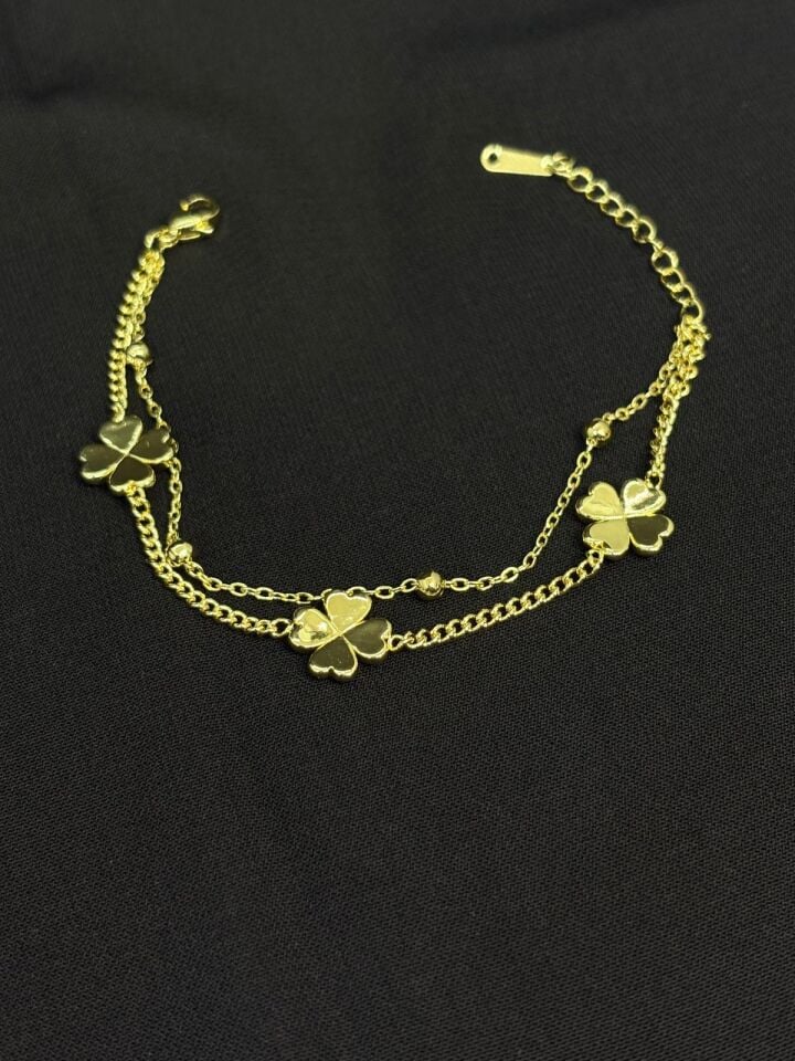 316L Çelik Gümüş Renk Çift Zincir Yonca Bileklik