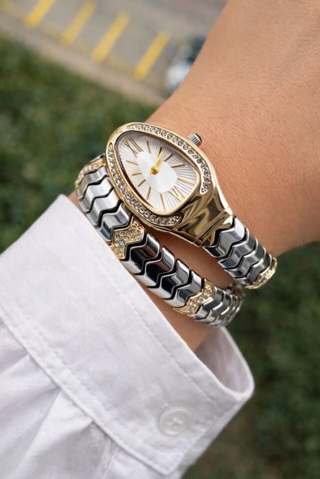 Melisa Takı & Aksesuar Çelik Siyah - Gold Renk Yılan Saat