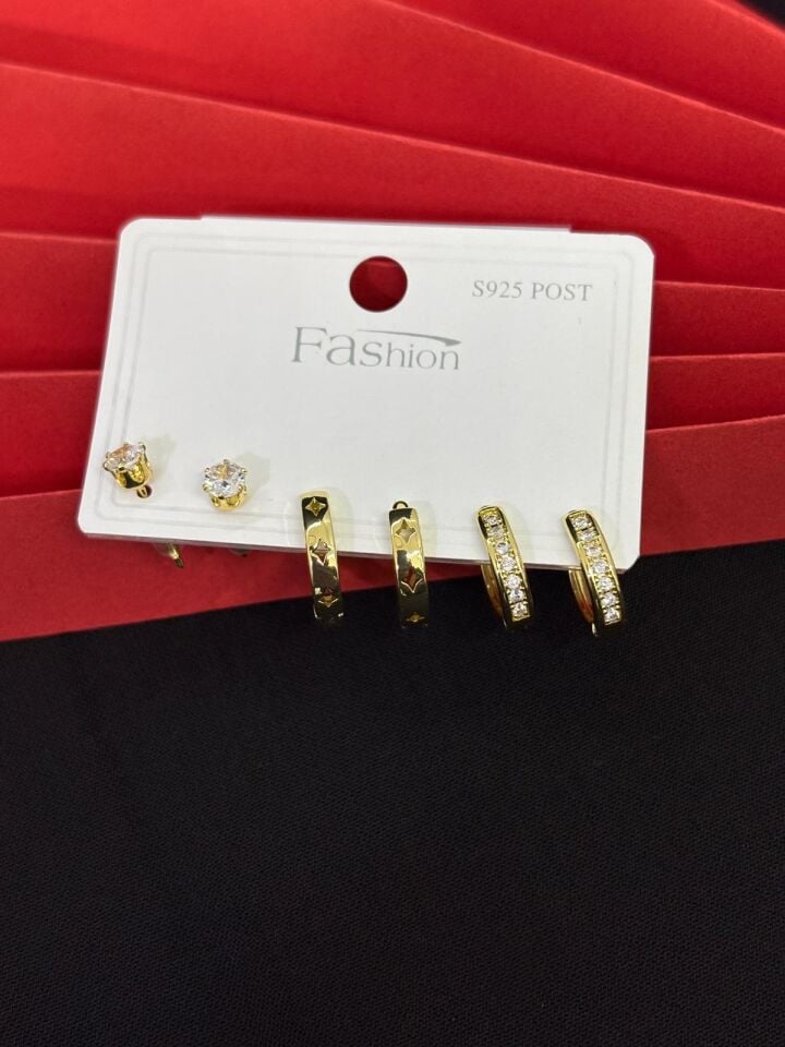 Melisa Takı & Aksesuar 316L Çelik Jewelry Gold Renk 6lı Set Zirkon Taşlı Küpe