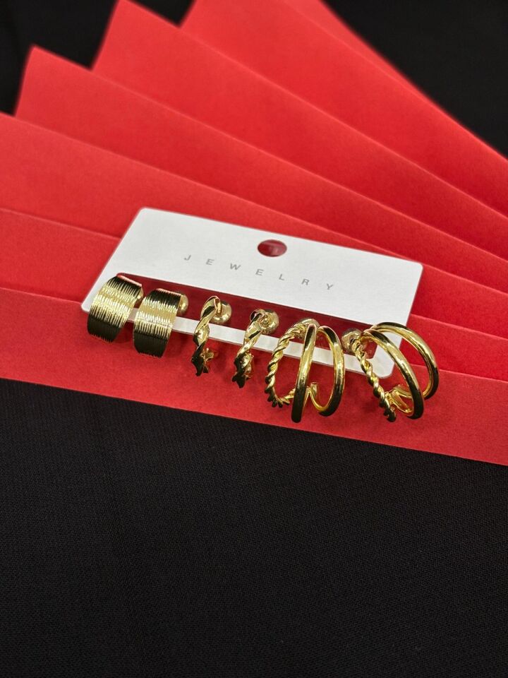 Melisa Takı & Aksesuar 316L Çelik Jewelry Gold Renk 6lı Set Zirkon Taşlı Küpe