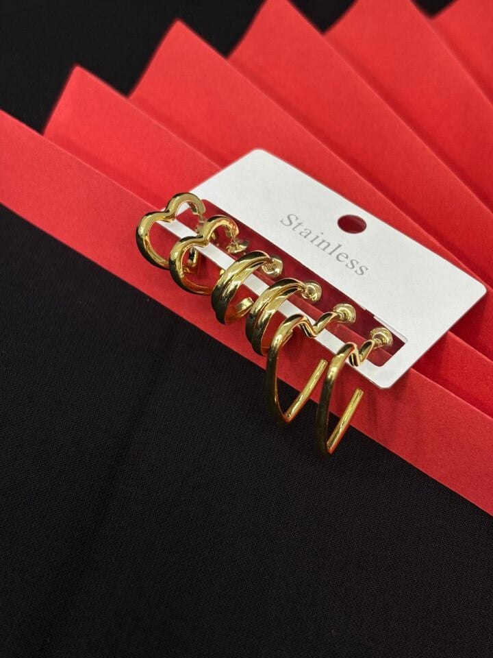 Melisa Takı & Aksesuar 316L Çelik Jewelry Gold Renk 6lı Set Zirkon Taşlı Küpe