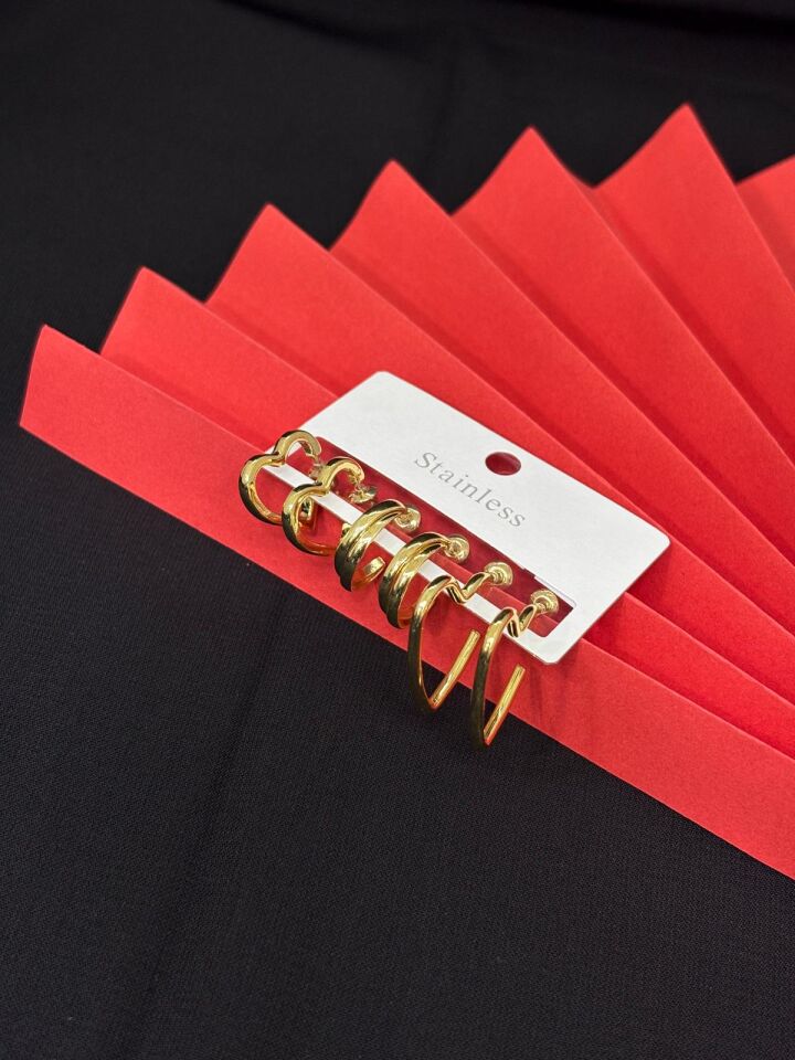 Melisa Takı & Aksesuar 316L Çelik Jewelry Gold Renk 6lı Set Zirkon Taşlı Küpe