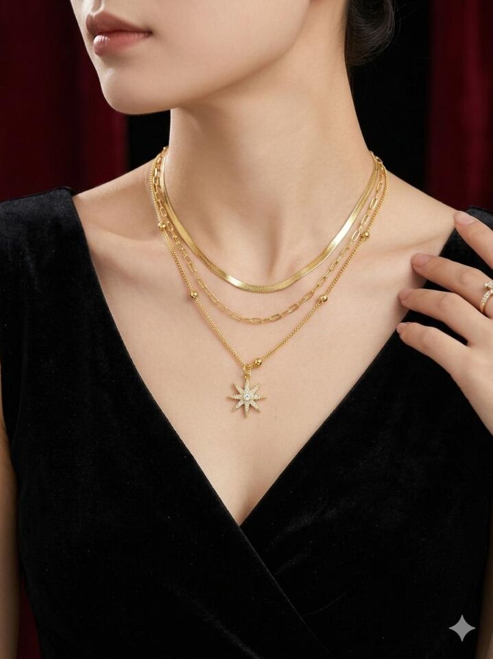Melisa Takı & Aksesuar 316L Çelik Gold Renk üçlü Zincirli Kolye