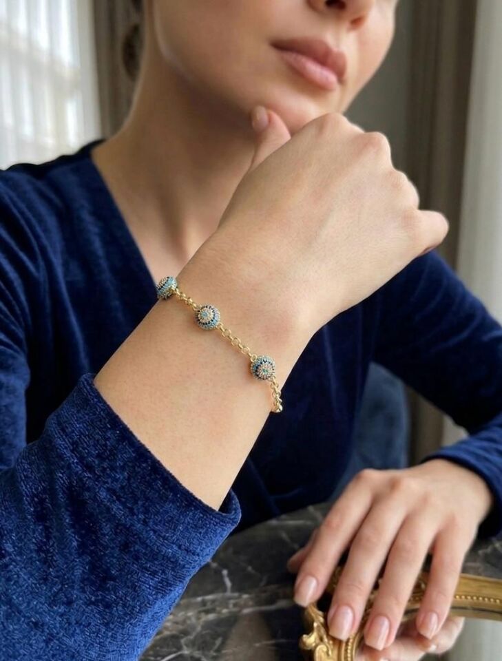 Melisa Takı & Aksesuar 14K Gold Renk Xuping Yuvarlak Nazar Taşlı Bileklik 20cm