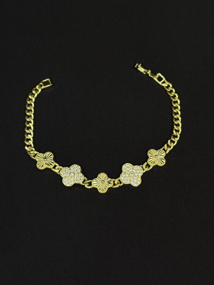 Melisa Takı & Aksesuar 14K Gold Renk Xuping Zirkon Taşlı Yonca Bileklik 20cm