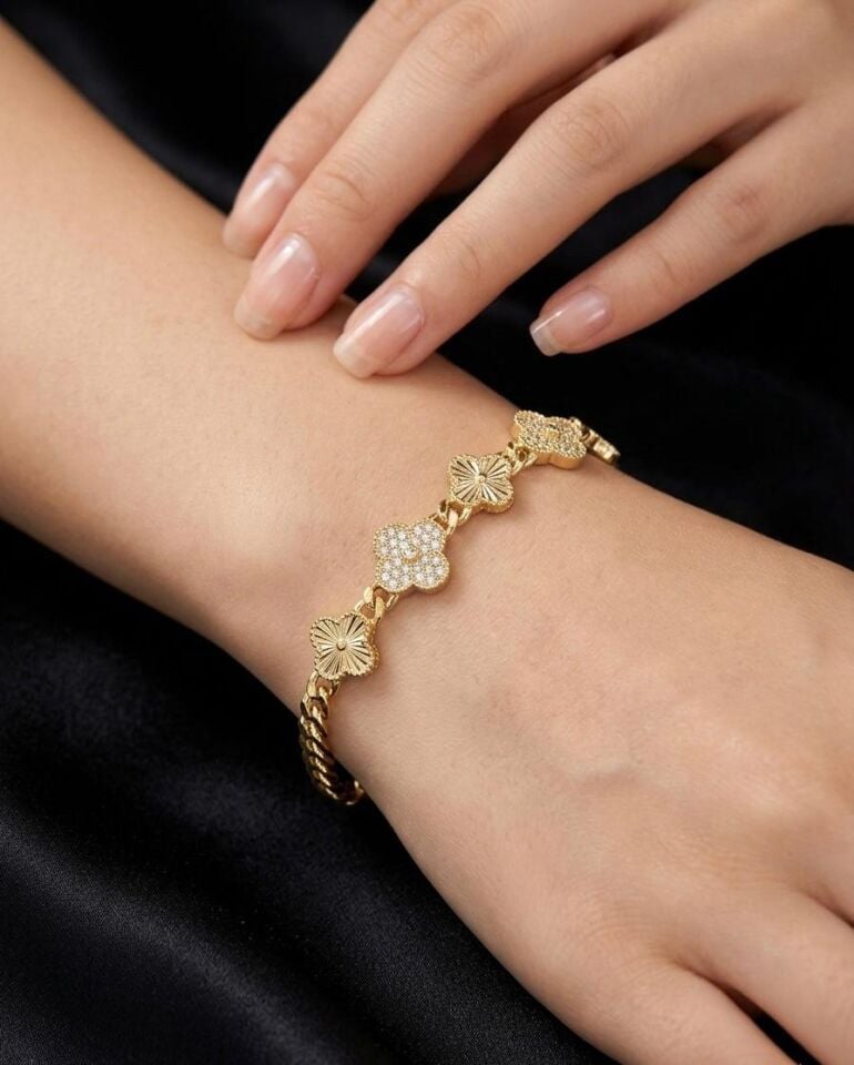 Melisa Takı & Aksesuar 14K Gold Renk Xuping Zirkon Taşlı Yonca Bileklik 20cm
