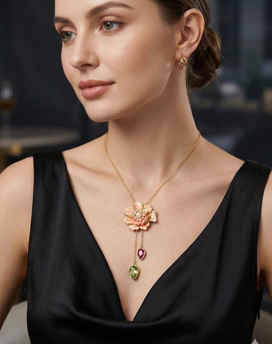 Melisa Takı & Aksesuar 316L Çelik Gold Renk Çiçek Taşlı Kolye