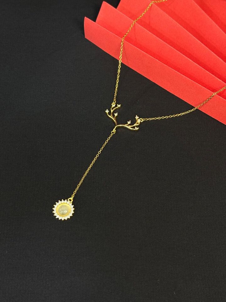 316L Çelik Gold Y Moldel Taşlı Kolye