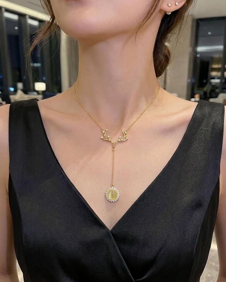 316L Çelik Gold Y Moldel Taşlı Kolye