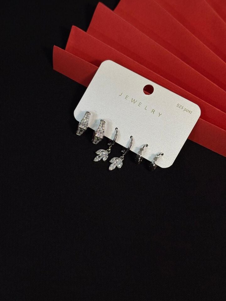 Melisa Takı & Aksesuar 316L Çelik Jewelry Gümüş Renk 6lı Set Zirkon Taşlı Küpe