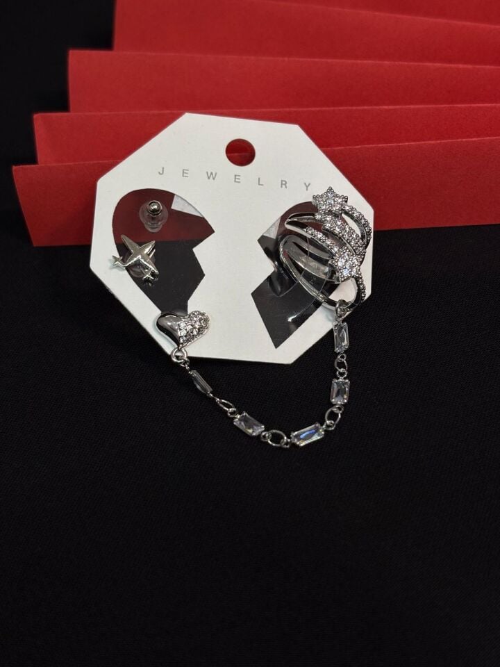 Melisa Takı & Aksesuar 316L Çelik Jewelry Gümüş Renk 4lü Set Ear Cuff Küpe