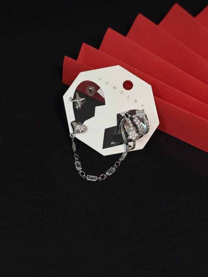 Melisa Takı & Aksesuar 316L Çelik Jewelry Gümüş Renk 4lü Set Ear Cuff Küpe