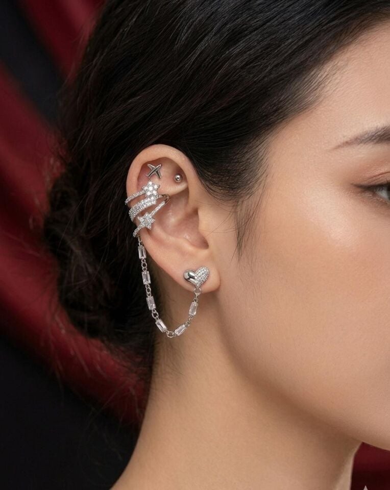 Melisa Takı & Aksesuar 316L Çelik Jewelry Gümüş Renk 4lü Set Ear Cuff Küpe