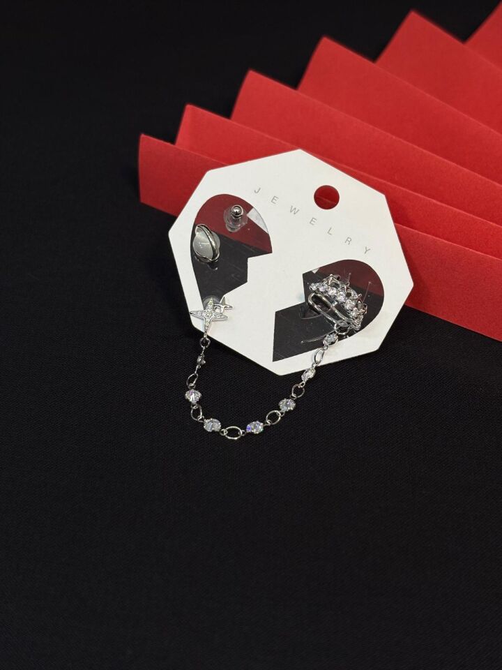 Melisa Takı & Aksesuar 316L Çelik Jewelry Gümüş Renk 4lü Set Ear Cuff Küpe