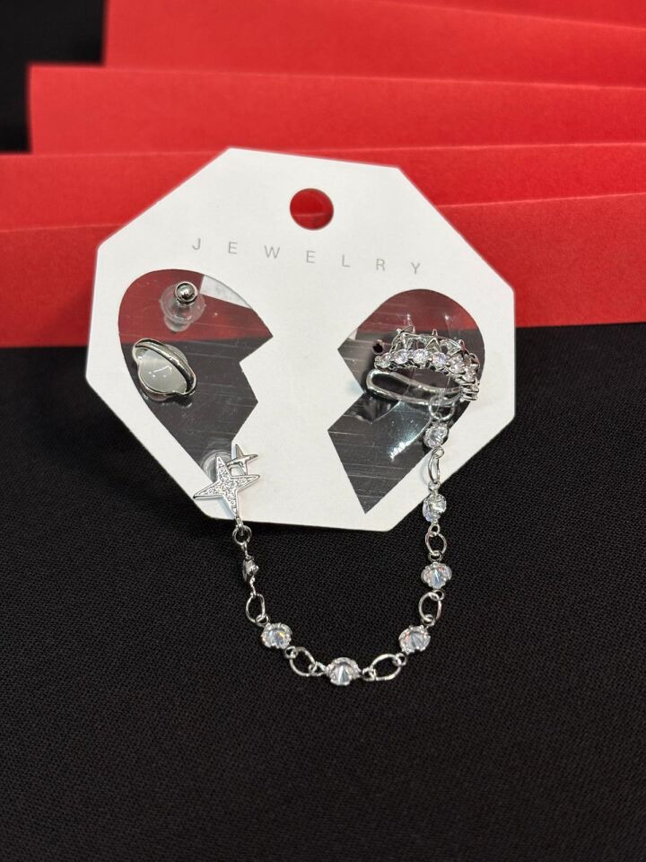 Melisa Takı & Aksesuar 316L Çelik Jewelry Gümüş Renk 4lü Set Ear Cuff Küpe
