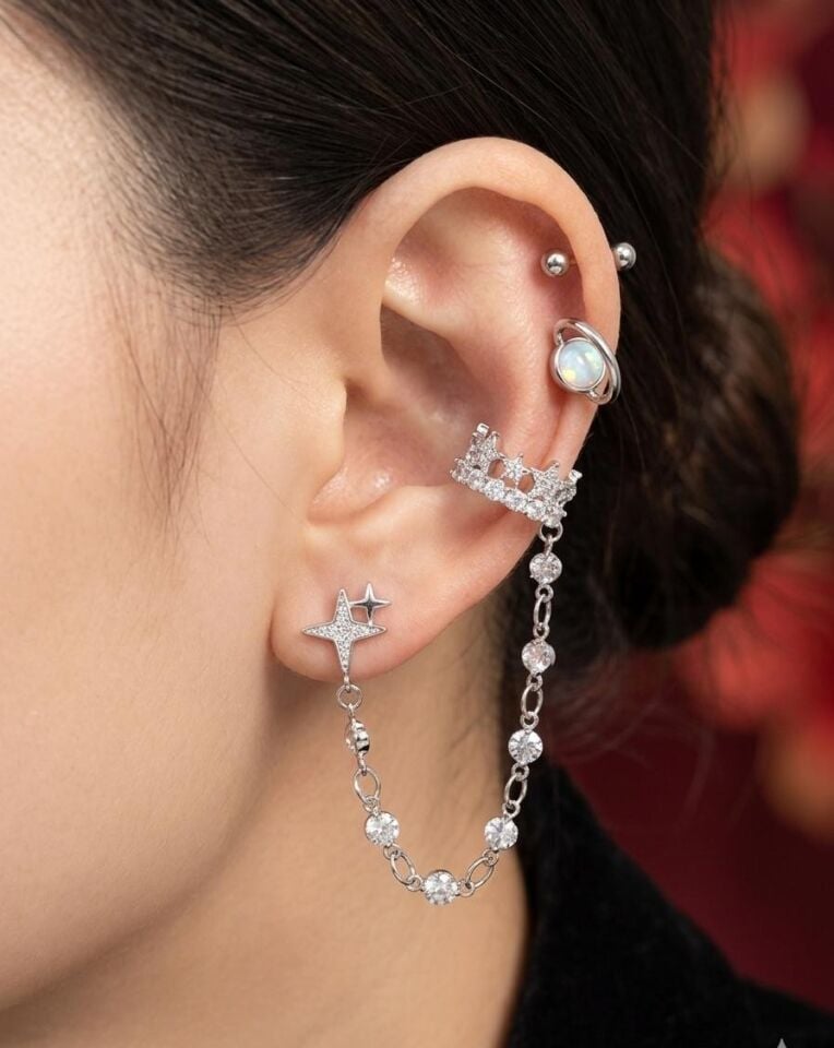 Melisa Takı & Aksesuar 316L Çelik Jewelry Gümüş Renk 4lü Set Ear Cuff Küpe