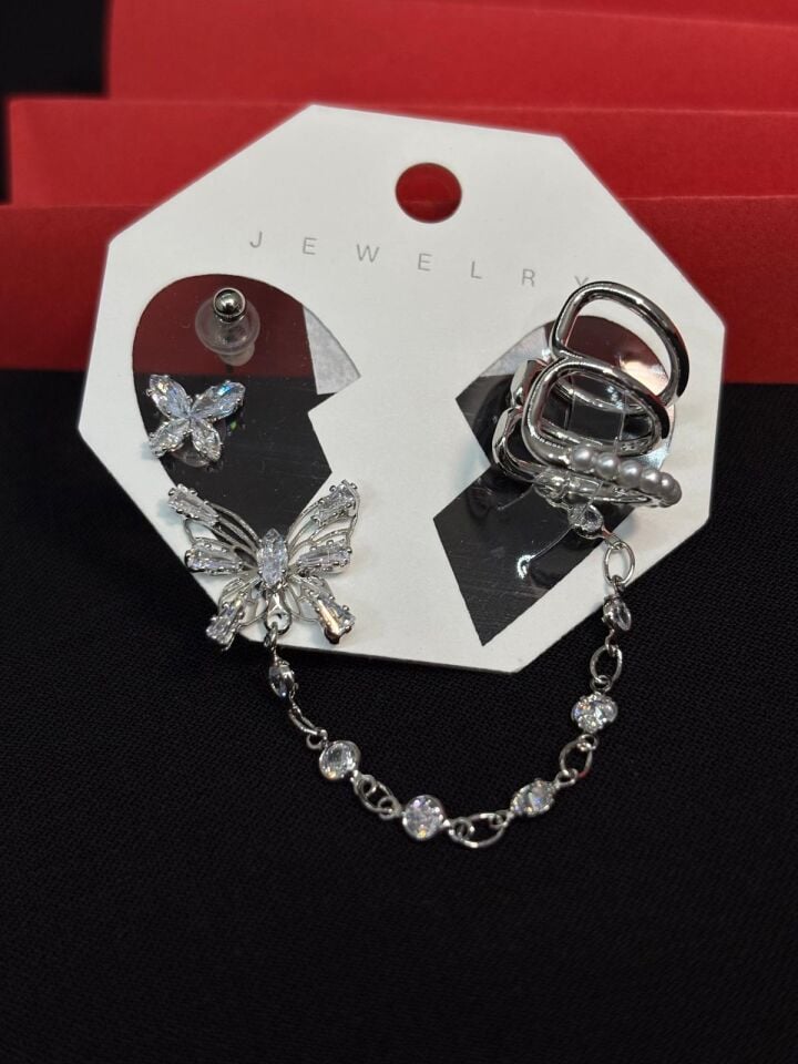 Melisa Takı & Aksesuar 316L Çelik Jewelry Gümüş Renk 4lü Set Ear Cuff Küpe