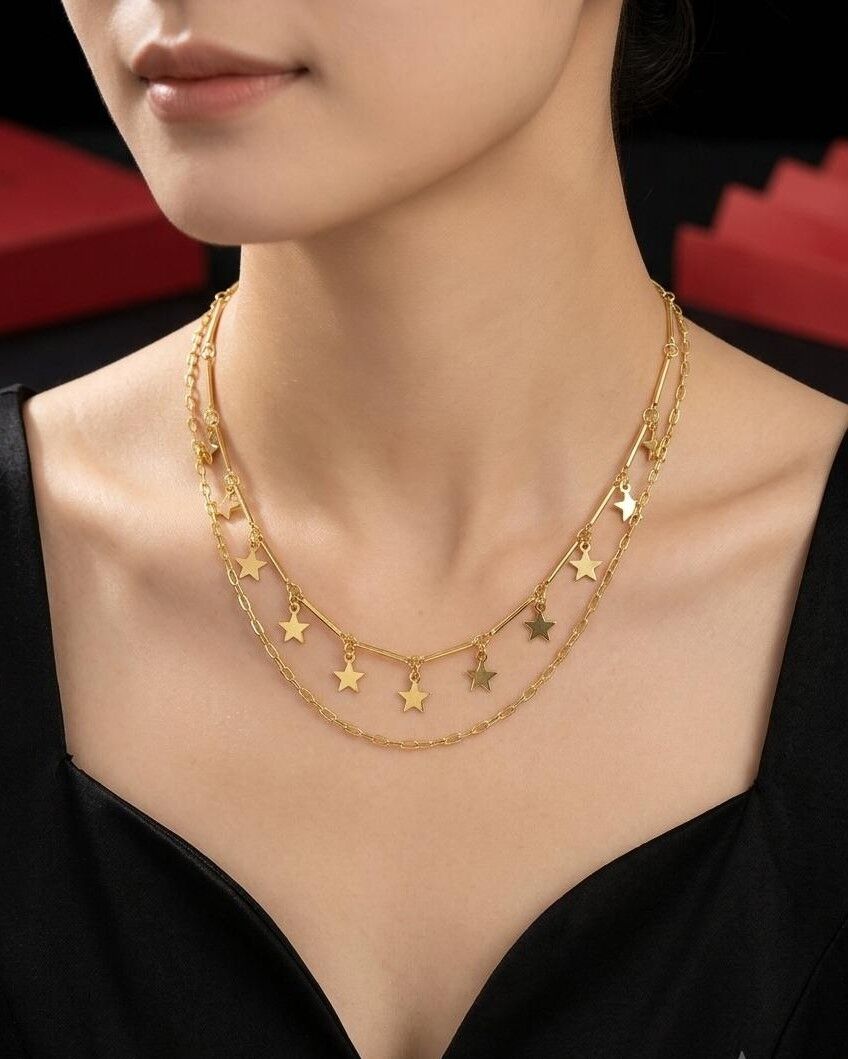 Melisa Takı & Aksesuar 14K Çelik GOLD Renk İki Zincirli Kolye