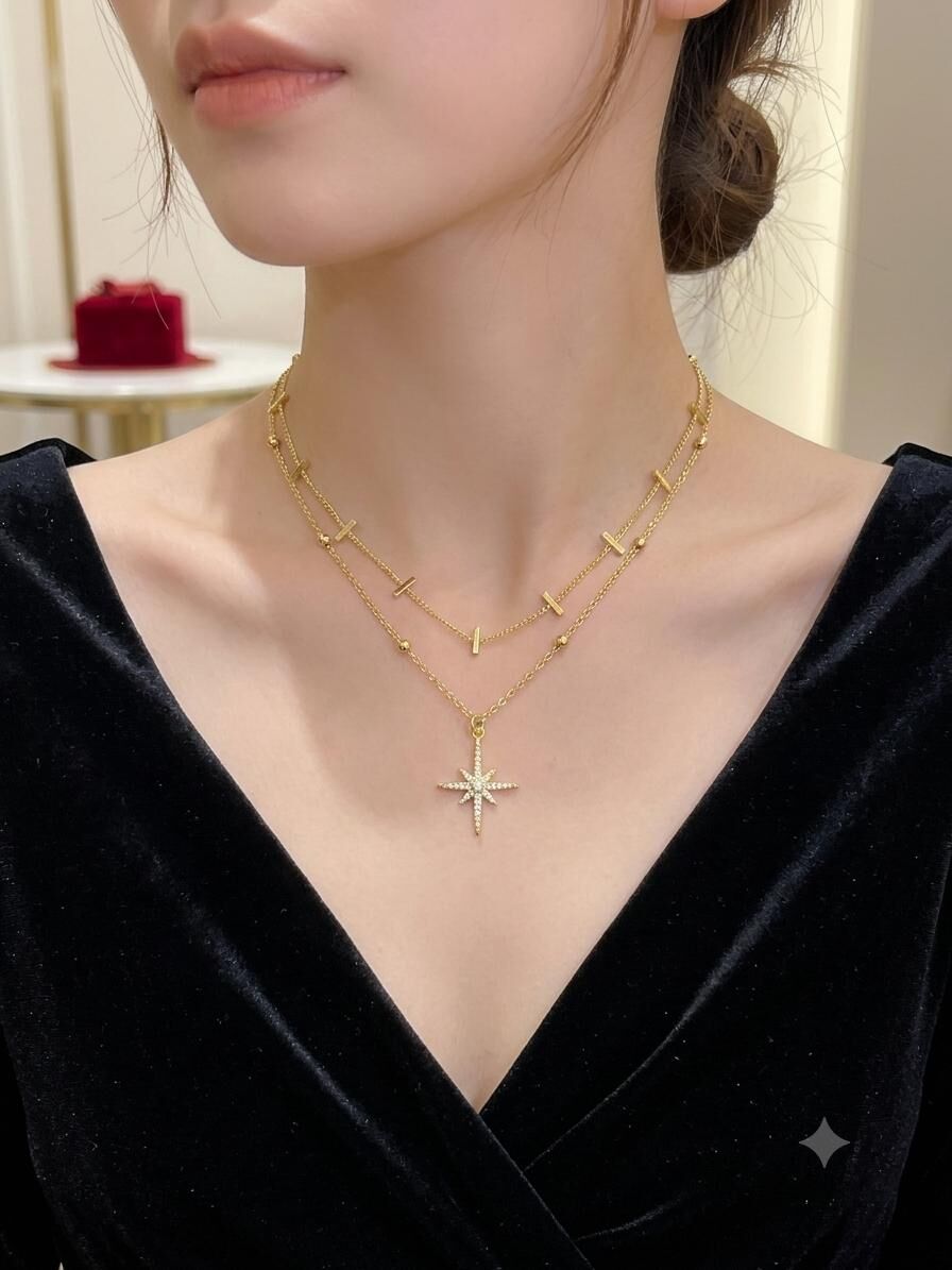 Melisa Takı & Aksesuar 14K Çelik Gold Renk İki Zincirli Kolye