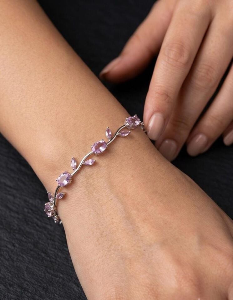 Melisa Takı & Aksesuar 316L Çelik Gümüş Renk Pembe Taşlı Çiçekli Sarmaşık Bileklik 18cm