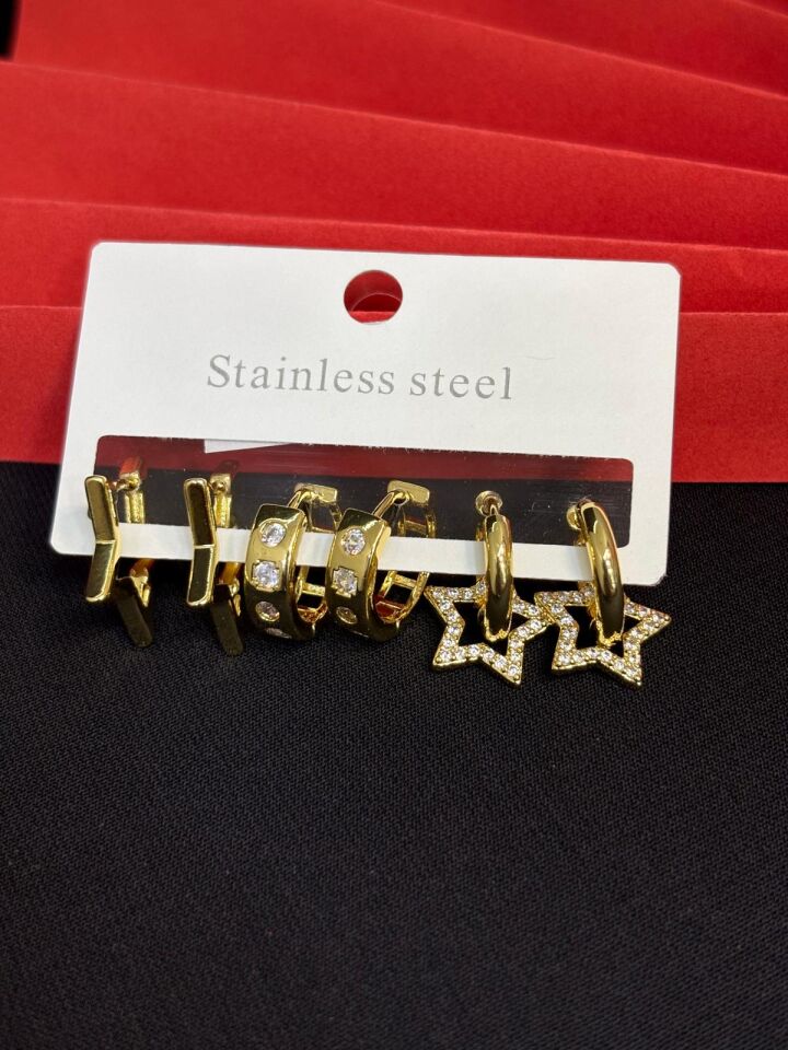Melisa Takı & Aksesuar 316L Çelik Gold Renk 6lı, Set Küpe
