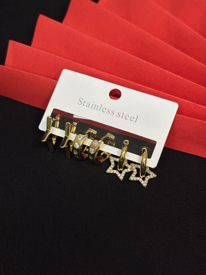 Melisa Takı & Aksesuar 316L Çelik Gold Renk 6lı, Set Küpe
