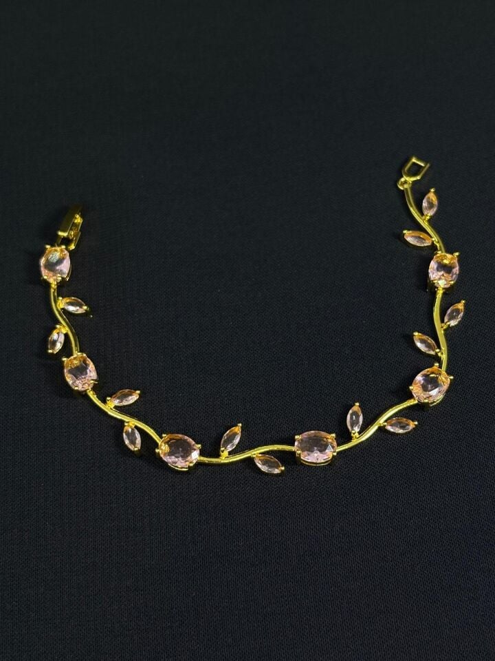 Melisa Takı & Aksesuar 316L Çelik Gold Renk Pembe Taşlı Sarmaşık Bileklik 18cm