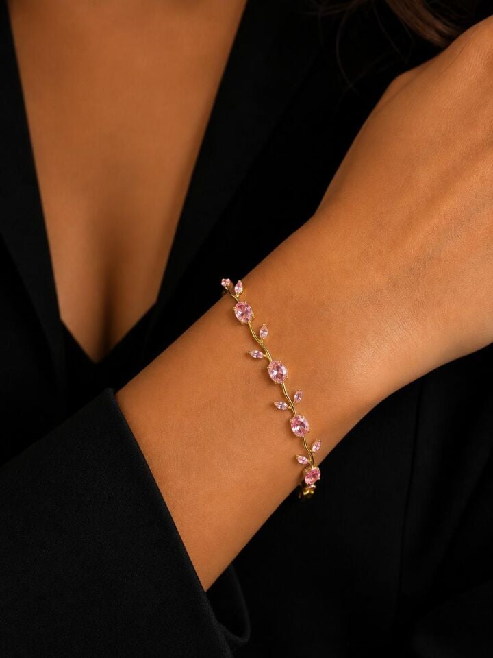 Melisa Takı & Aksesuar 316L Çelik Gold Renk Pembe Taşlı Sarmaşık Bileklik 18cm