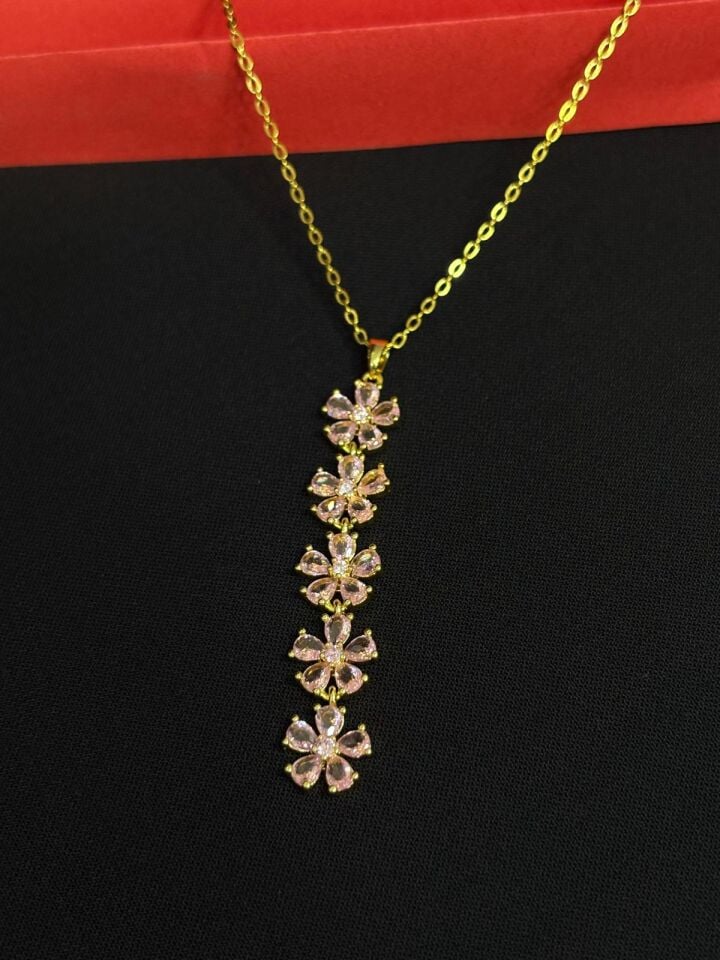Melisa Takı & Aksesuar 316L Çelik Gold Renk Y Model Pembe Taşlı Kolye