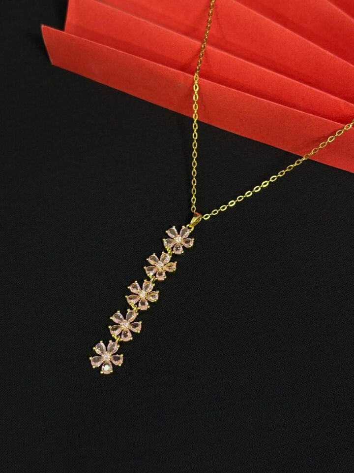 Melisa Takı & Aksesuar 316L Çelik Gold Renk Y Model Pembe Taşlı Kolye