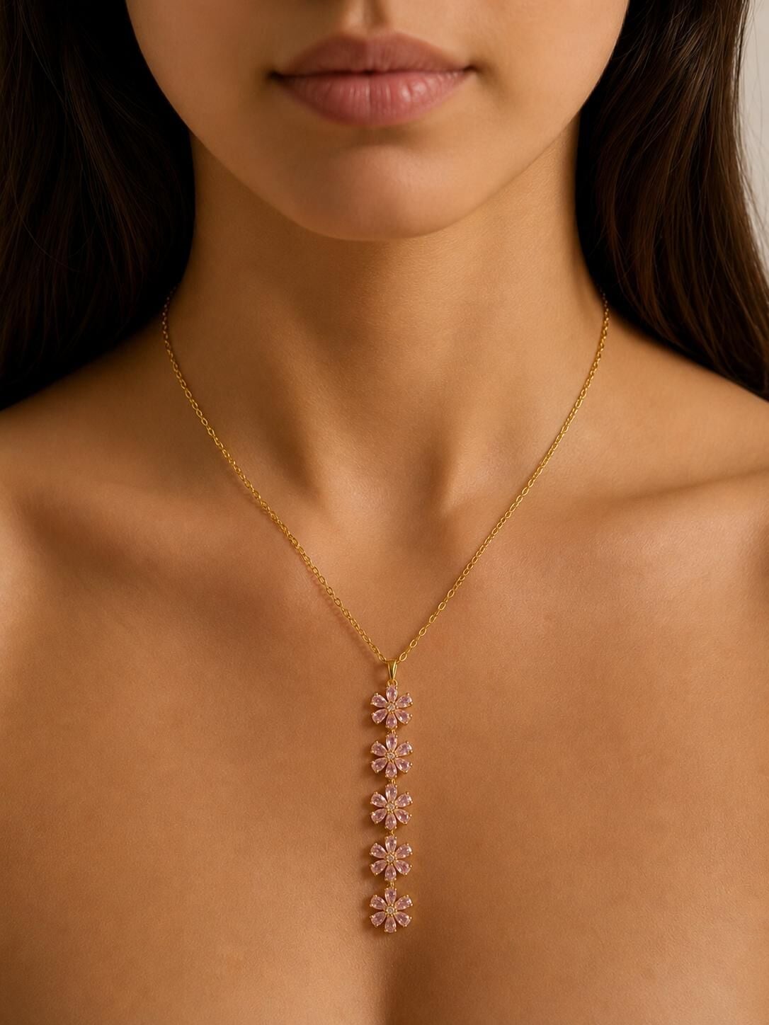 Melisa Takı & Aksesuar 316L Çelik Gold Renk Y Model Pembe Taşlı Kolye