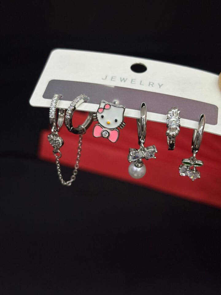 Melisa Takı & Aksesuar 316L Çelik Jewelry Gümüş Renk 6lı Set Zirkon Taşlı Küpe