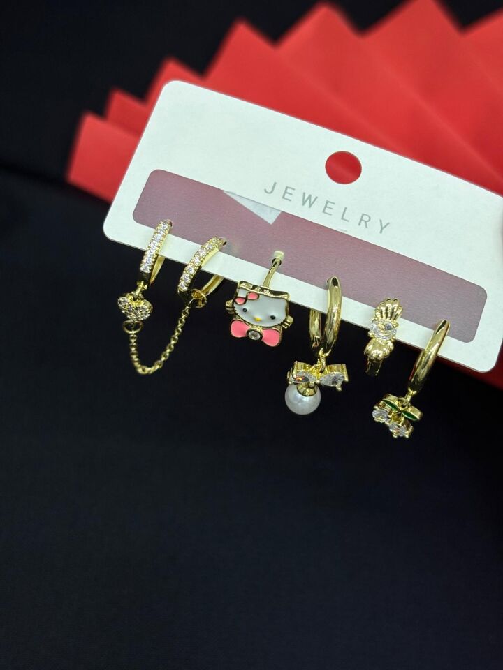 Melisa Takı & Aksesuar 316L Çelik Jewelry Gold Renk 6lı Set Zirkon Taşlı Küpe