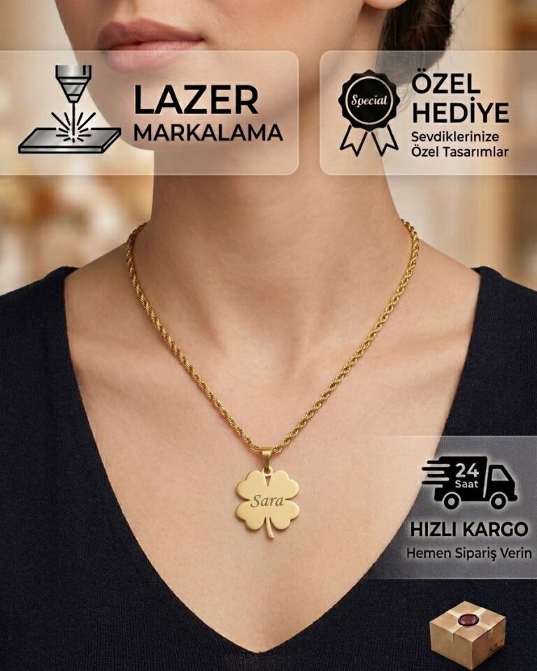 Melisa Takı & Aksesuar 316L Çelik Gold Renk İsim Yazılır Yonca Kolye (Kişiselleştirilebilir)