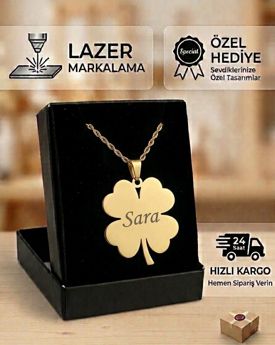 Melisa Takı & Aksesuar 316L Çelik Gold Renk İsim Yazılır Yonca Kolye (Kişiselleştirilebilir)