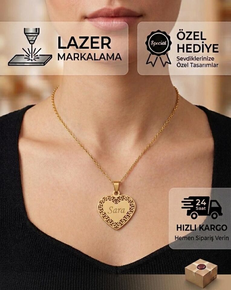 Melisa Takı & Aksesuar 316L Çelik Gold Renk İsim Yazılır Kalp Kolye (Kişiselleştirilebilir)