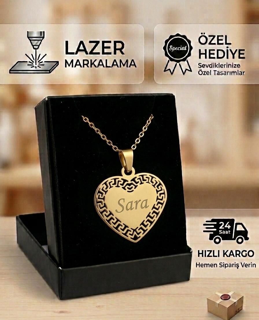 Melisa Takı & Aksesuar 316L Çelik Gold Renk İsim Yazılır Kalp Kolye (Kişiselleştirilebilir)